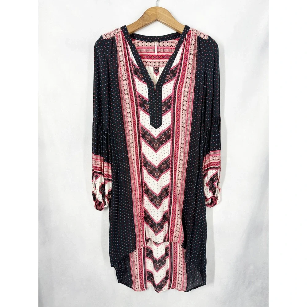 Free People Peace Maker‎ Long Sleeve Geometric Black Dress Women's Size Medium